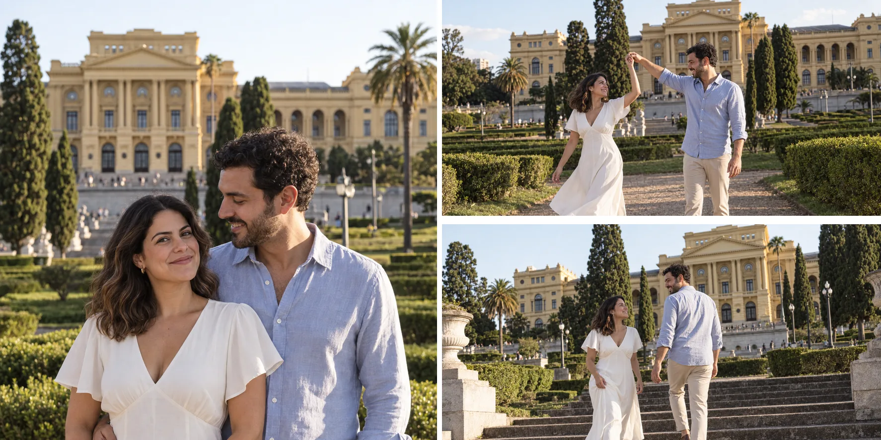 Lâmina de álbum com três fotografias de um ensaio pré-wedding no Museu do Ipiranga